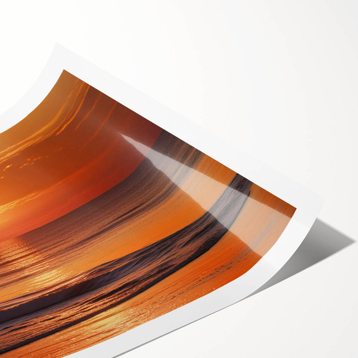 Rolled print showcasing a vibrant seascape design with dynamic waves and a sunset backdrop, ideal for coastal-themed decor and wall art collections.