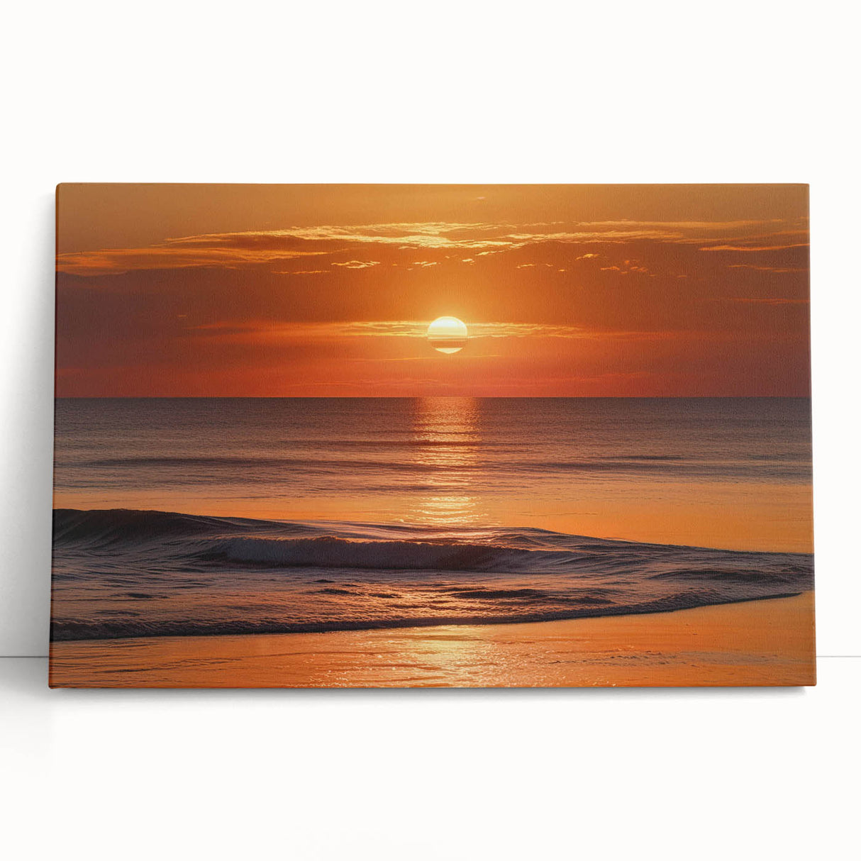 Stretched canvas wall art featuring a vibrant seascape design with calming blues and greens, leaning against a light-colored wall, ideal for coastal home decor.