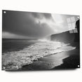 Acrylic glass wall art showcasing a vibrant seascape design, highlighting colorful ocean waves and serene skies, mounted with pins for easy display.