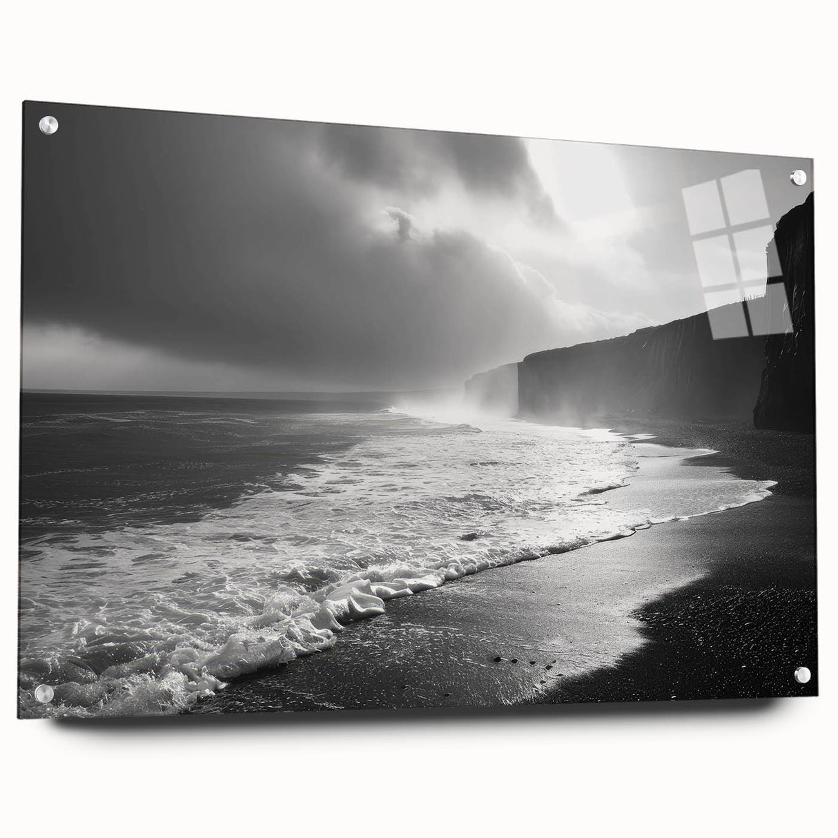 Acrylic glass wall art showcasing a vibrant seascape design, highlighting colorful ocean waves and serene skies, mounted with pins for easy display.