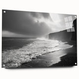 Acrylic glass wall art showcasing a vibrant seascape design, highlighting colorful ocean waves and serene skies, mounted with pins for easy display.