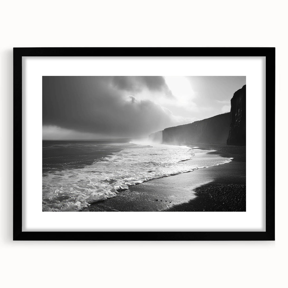 Framed black wall art featuring a serene seascape design with a mat, showcasing waves and a tranquil ocean scene, ideal for coastal home decor.