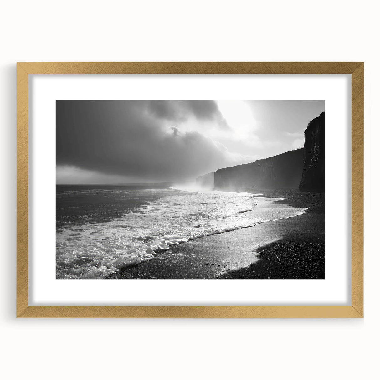 Framed gold wall art from the Landscapes & Seascapes Design 55 collection, showcasing a serene coastal scene with soft colors, ideal for home decor.