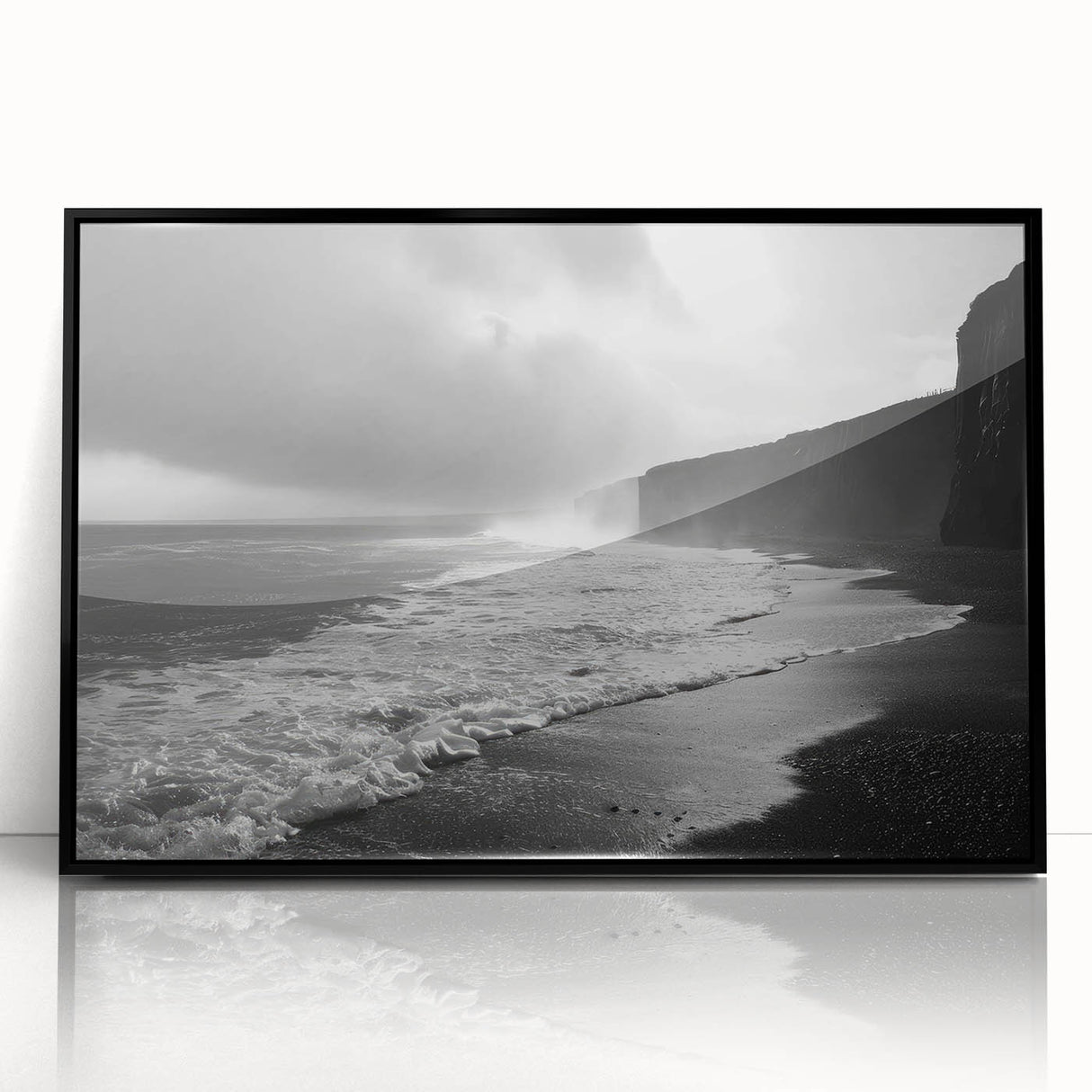 Framed acrylic wall art featuring a stunning seascape design with rich blues and soft whites, perfect for modern home decor. Showcases a black frame and adds elegance to any room.