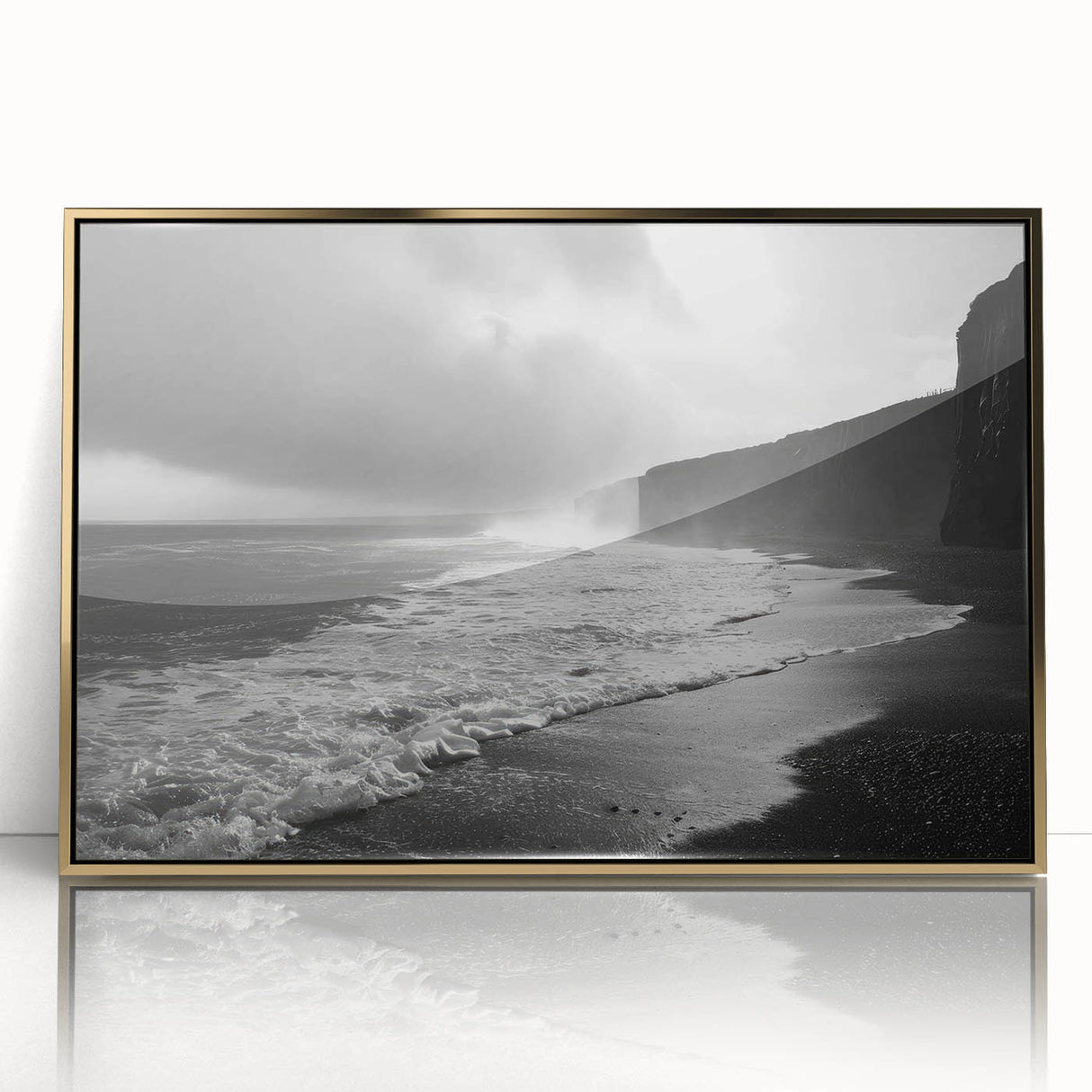Framed acrylic wall art showcasing a serene seascape design with gold accents, perfect for home décor. Ideal for enhancing coastal-themed interiors.