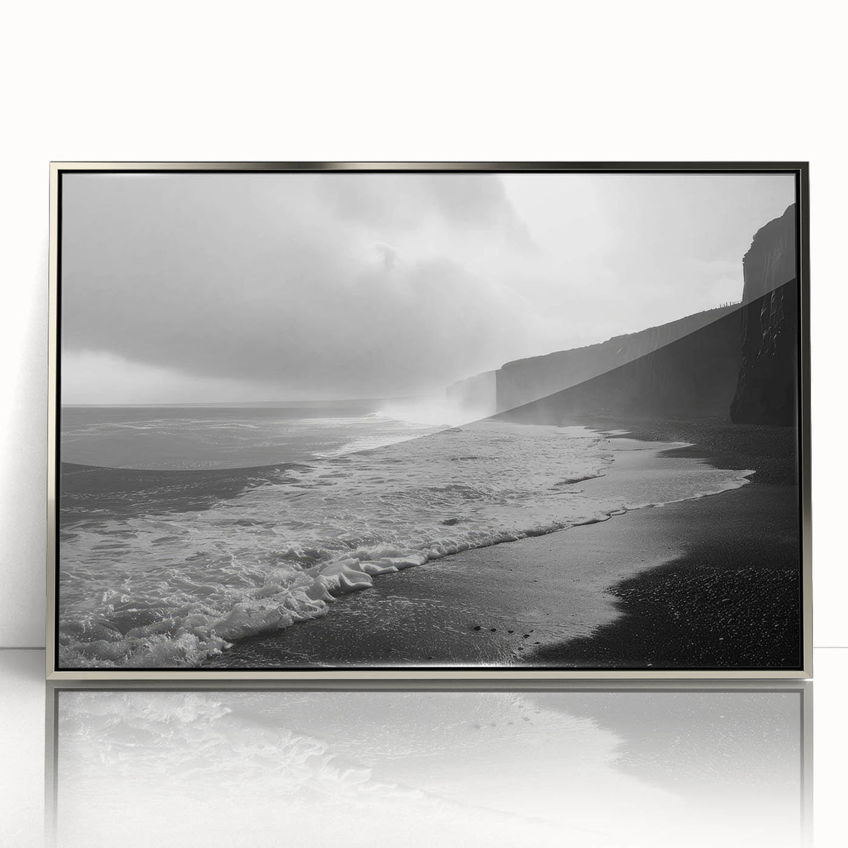 Framed acrylic wall art showcasing a serene seascape design with silver accents, ideal for coastal-themed home décor. Perfect for enhancing living spaces.