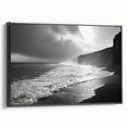 Framed canvas artwork showcasing a serene seascape design with vibrant colors and intricate details, displayed from a side view to highlight its sleek black frame.