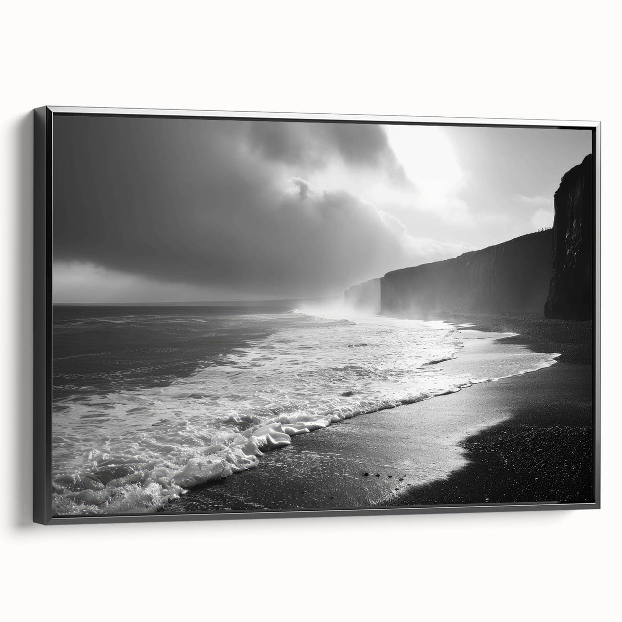 Framed canvas artwork showcasing a serene seascape design with vibrant colors and intricate details, displayed from a side view to highlight its sleek black frame.