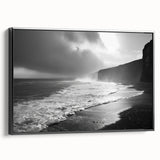 Framed canvas artwork showcasing a serene seascape design with vibrant colors and intricate details, displayed from a side view to highlight its sleek black frame.