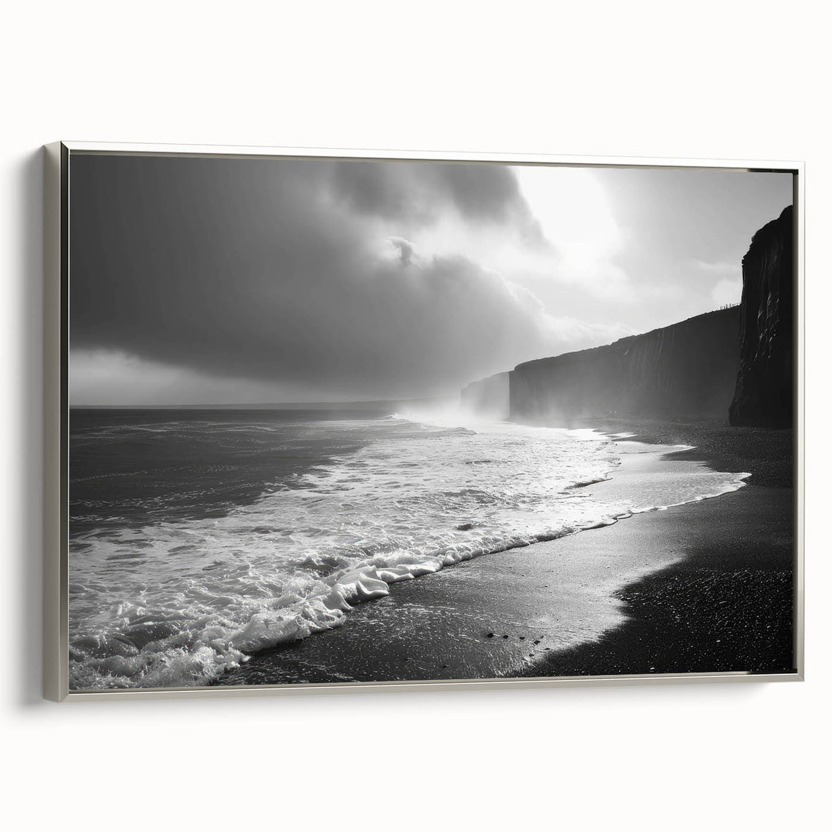 Framed canvas wall art showcasing a serene seascape design with soft blues and whites, elegantly bordered in silver, ideal for coastal-themed decor.