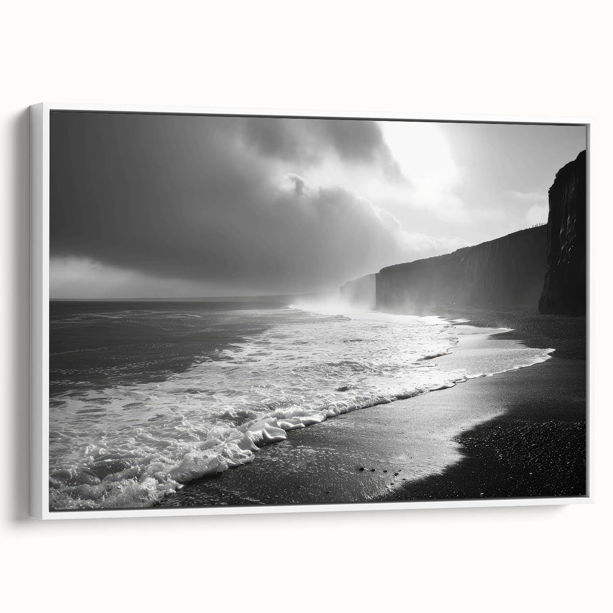 Framed canvas wall art collection titled "Landscapes & Seascapes Design 55," showcasing serene coastal imagery in soft blues and whites, perfect for home decor.