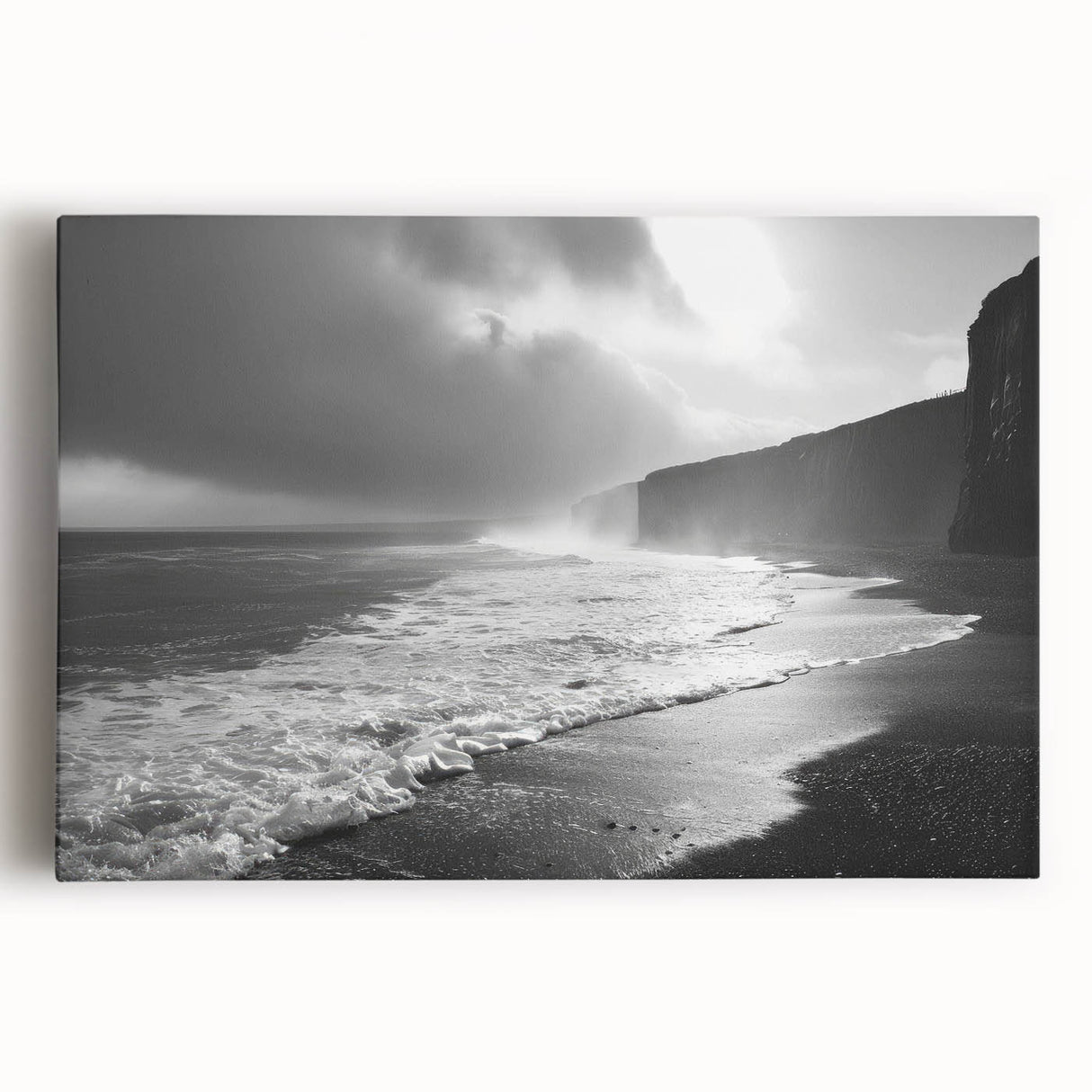 Stretched canvas wall art showcasing a vibrant seascape design, featuring waves and a sunset in hues of blue and orange, ideal for coastal-themed decor. Perfect for adding a serene oceanic touch to any room's ambiance.