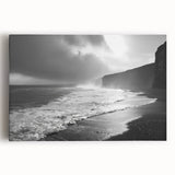 Stretched canvas wall art showcasing a vibrant seascape design, featuring waves and a sunset in hues of blue and orange, ideal for coastal-themed decor. Perfect for adding a serene oceanic touch to any room's ambiance.