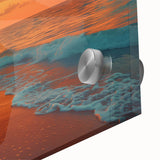 Close-up of a vibrant acrylic glass wall art piece showcasing a serene seascape landscape, featuring calming blues and greens, perfect for interior decor.