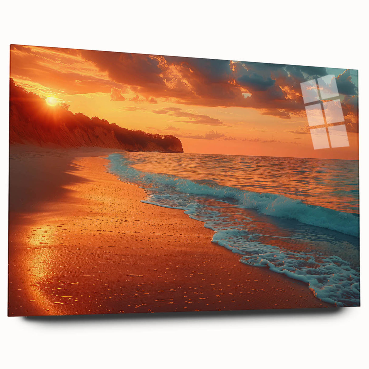 Side view of a modern acrylic glass wall art piece showcasing a vibrant seascape design, elegantly framed without pins, ideal for contemporary home decor.