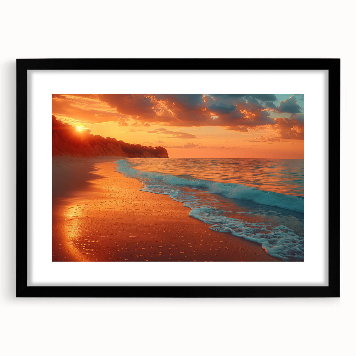 Framed black wall art featuring a serene seascape design with vibrant blue and green tones, elegantly matted for a sophisticated look, perfect for coastal decor.
