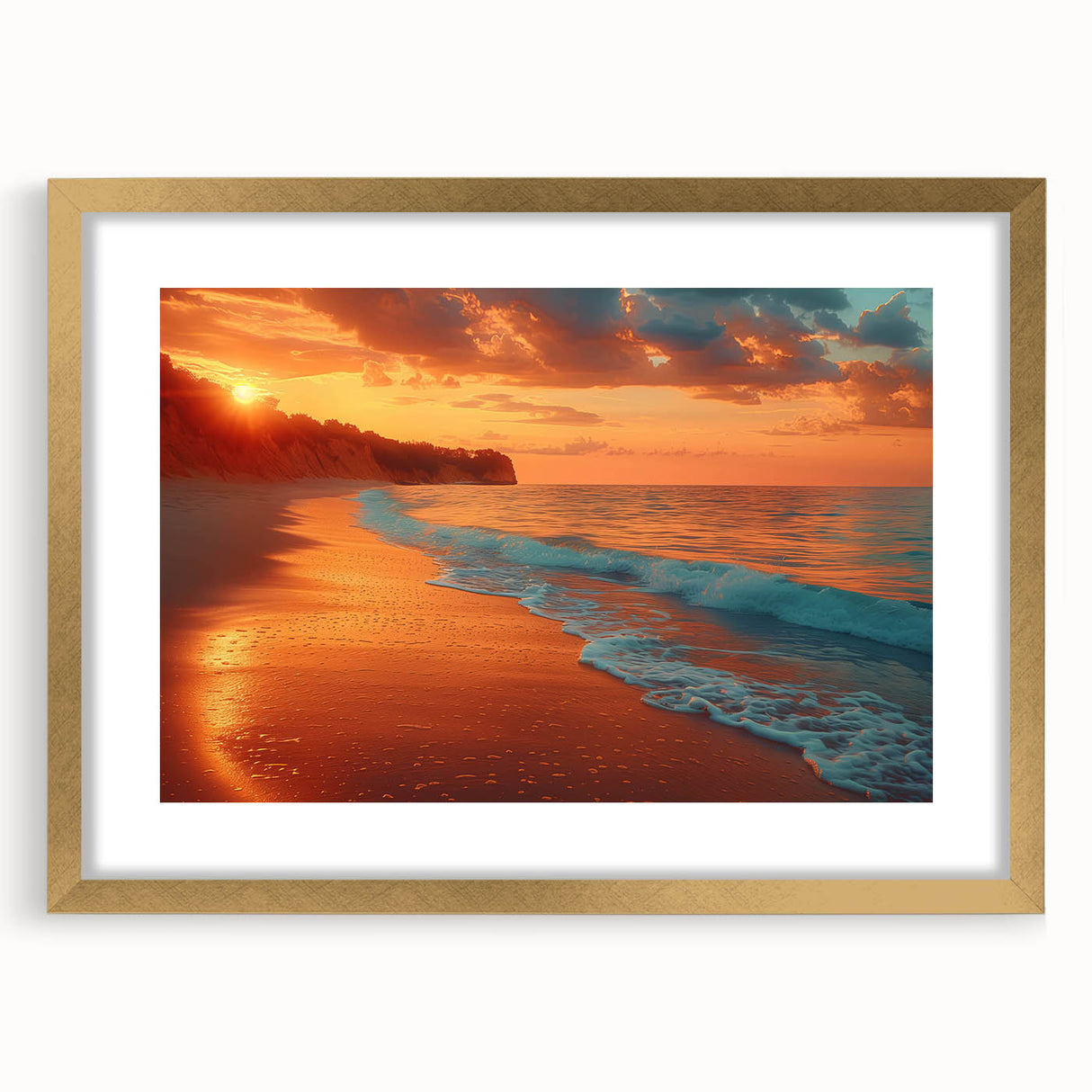 Framed wall art piece showcasing a serene seascape design with vibrant colors and a gold mat, ideal for enhancing modern home decor aesthetics.