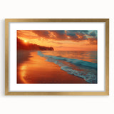 Framed wall art piece showcasing a serene seascape design with vibrant colors and a gold mat, ideal for enhancing modern home decor aesthetics.