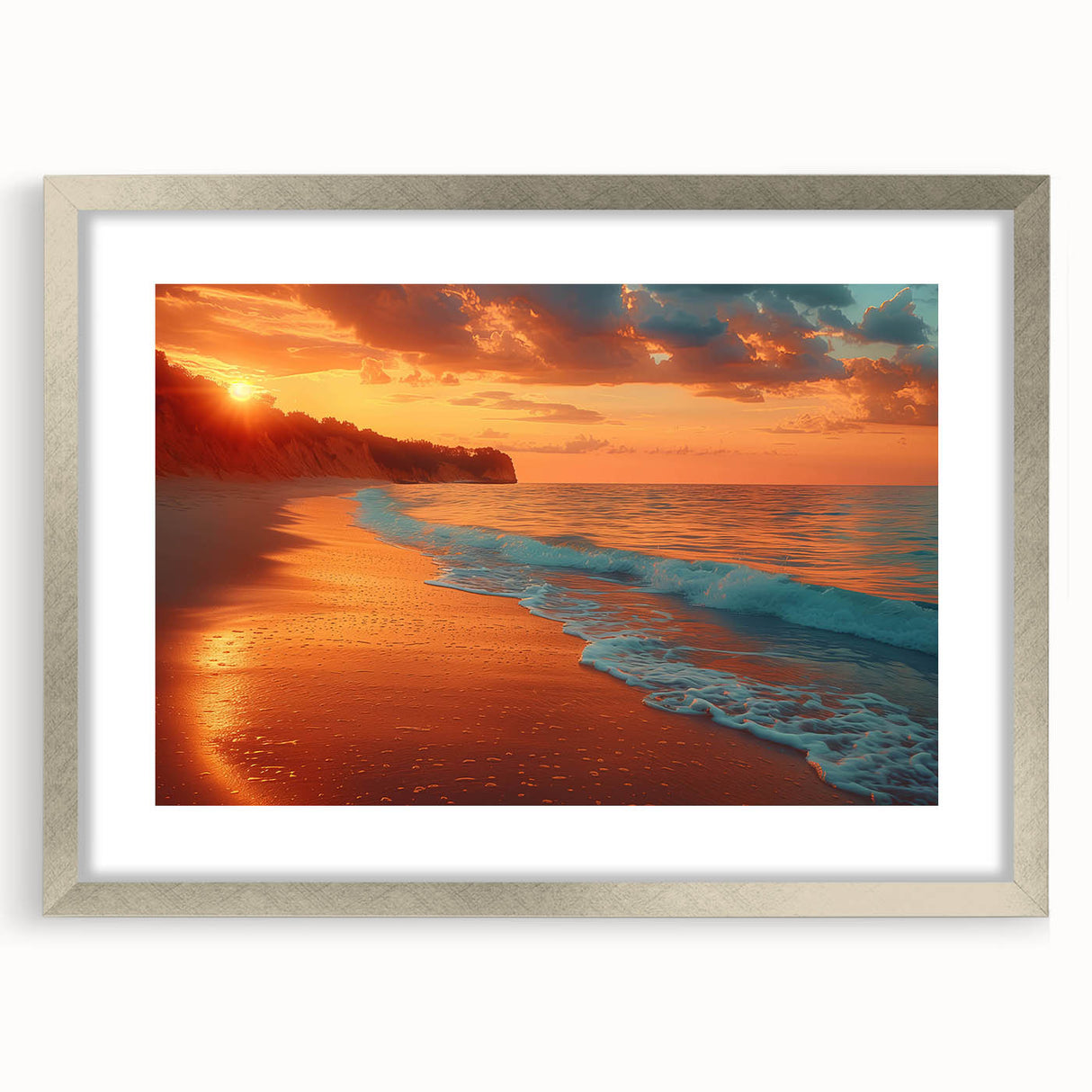 Framed wall art from the Landscapes & Seascapes collection, featuring a serene ocean view with a silver mat and sleek frame, perfect for enhancing modern decor.