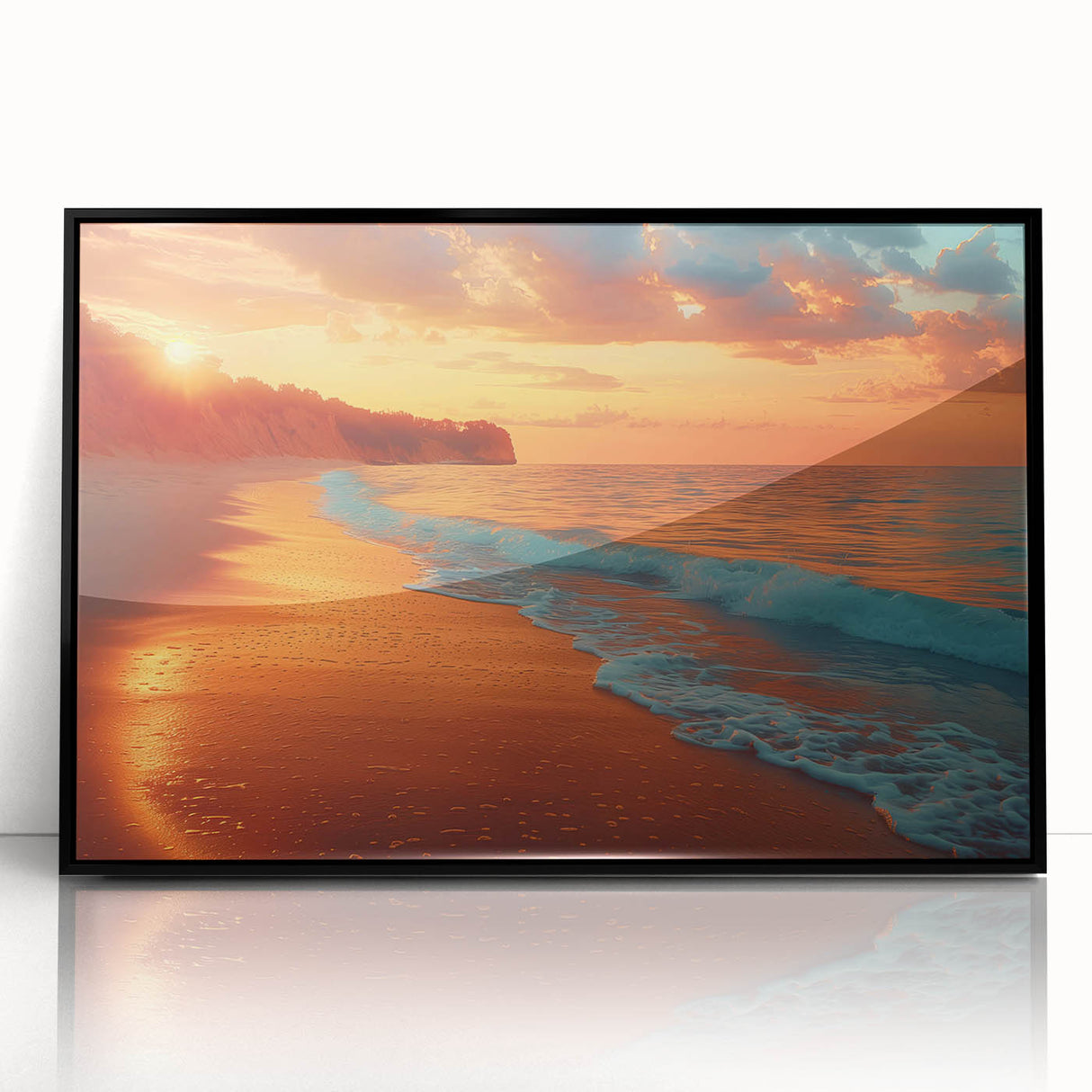 Framed acrylic wall art showcasing a stunning seascape design with vibrant colors, presented in a sleek black frame, ideal for modern home decor.