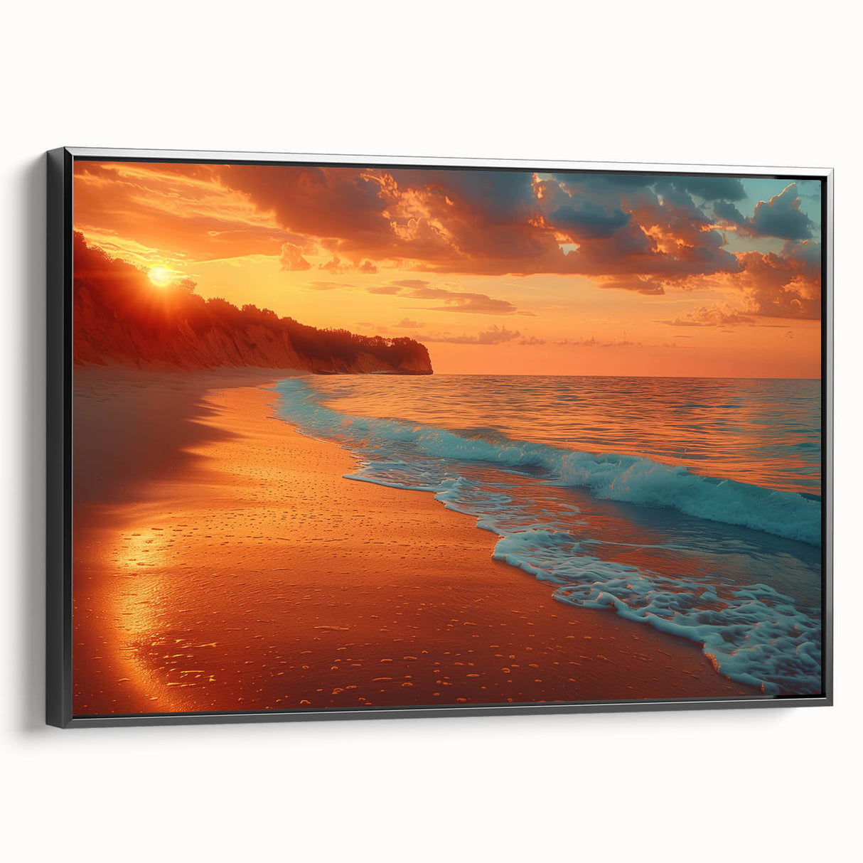 Framed canvas wall art from the Landscapes & Seascapes Design 56 collection, showcasing a serene coastal scene with vibrant colors and a sleek black frame, perfect for home decor.