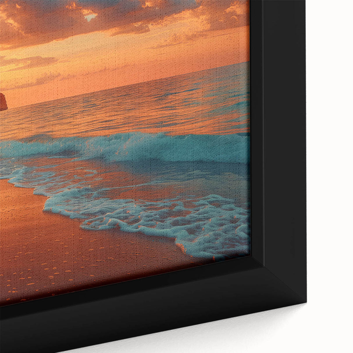 Close-up view of a framed canvas wall art piece showcasing a vibrant seascape design, featuring dynamic blues and greens, perfect for coastal-themed decor.