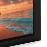Close-up view of a framed canvas wall art piece showcasing a vibrant seascape design, featuring dynamic blues and greens, perfect for coastal-themed decor.