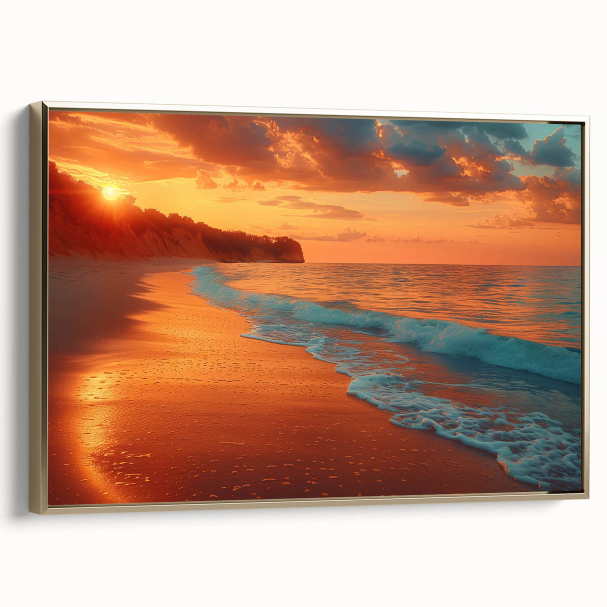Framed canvas wall art from the Landscapes & Seascapes collection, showcasing a stunning ocean view with gold accents, perfect for enhancing modern decor.