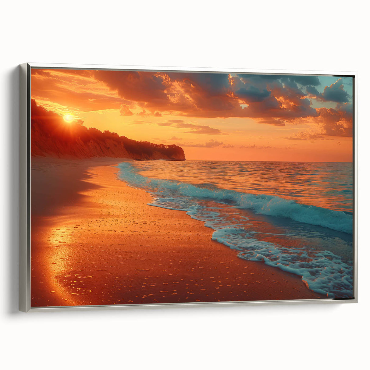 Framed canvas wall art from the Landscapes & Seascapes collection, showcasing a serene coastal view with silver accents, ideal for modern home decor.