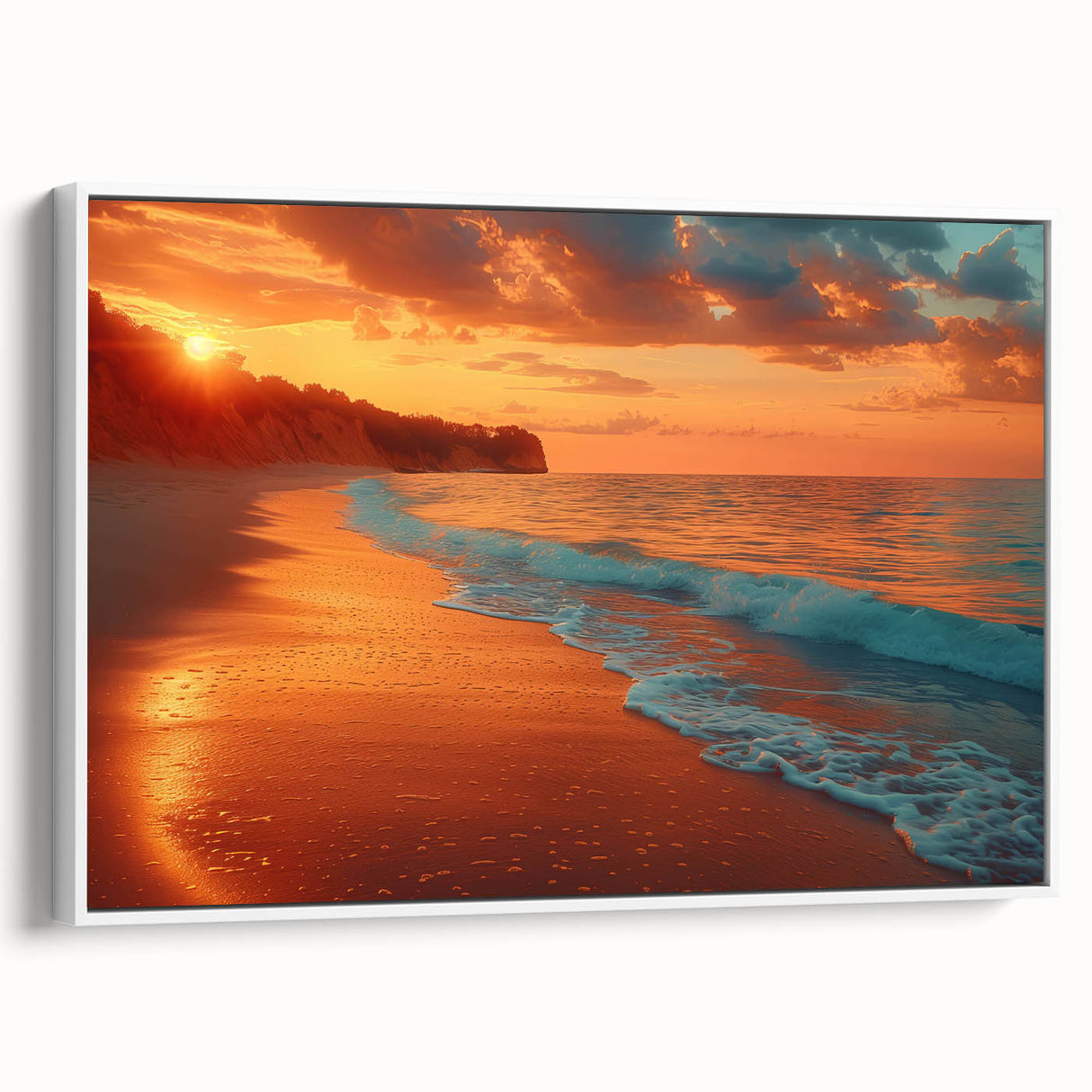 Framed canvas wall art showcasing a serene seascape design, featuring calming blue and white hues, displayed in a stylish white frame from the Landscapes & Seascapes collection. Ideal for coastal-themed home decor.