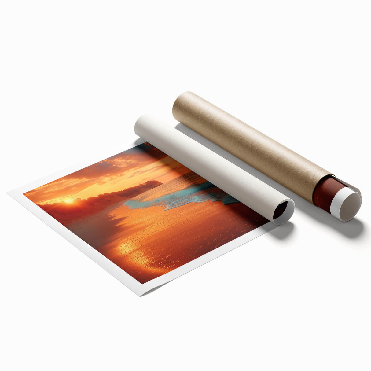 A rolled print from the Landscapes & Seascapes Design collection, showcasing vibrant ocean waves and a serene beach scene, packaged securely for delivery.