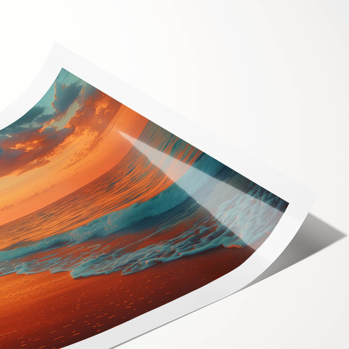 Vibrant rolled print showcasing a stunning seascape design featuring crashing waves and sunset hues, perfect for coastal-themed decor. Packaged securely in a protective tube.