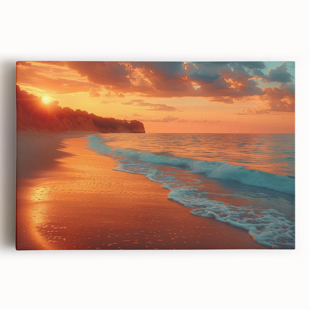 Stretched canvas artwork showcasing a vibrant seascape design with vivid blues and greens, ideal for coastal-themed decor, enhancing any living space's ambiance.