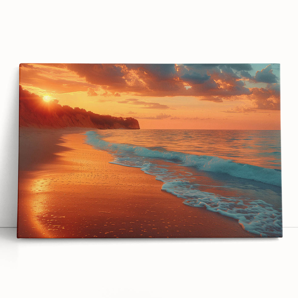 Stretched canvas wall art showcasing a serene seascape design, featuring calming blues and soft whites, ideal for coastal home decor. This piece adds tranquility to interiors.