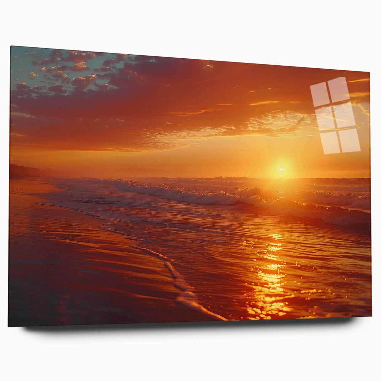 Acrylic glass wall art from the Landscapes Seascapes Design 57 collection, showcasing a vibrant ocean scene with colorful waves, displayed from a side view without pins. Ideal for enhancing modern decor with its stunning seaside imagery and contemporary frame.