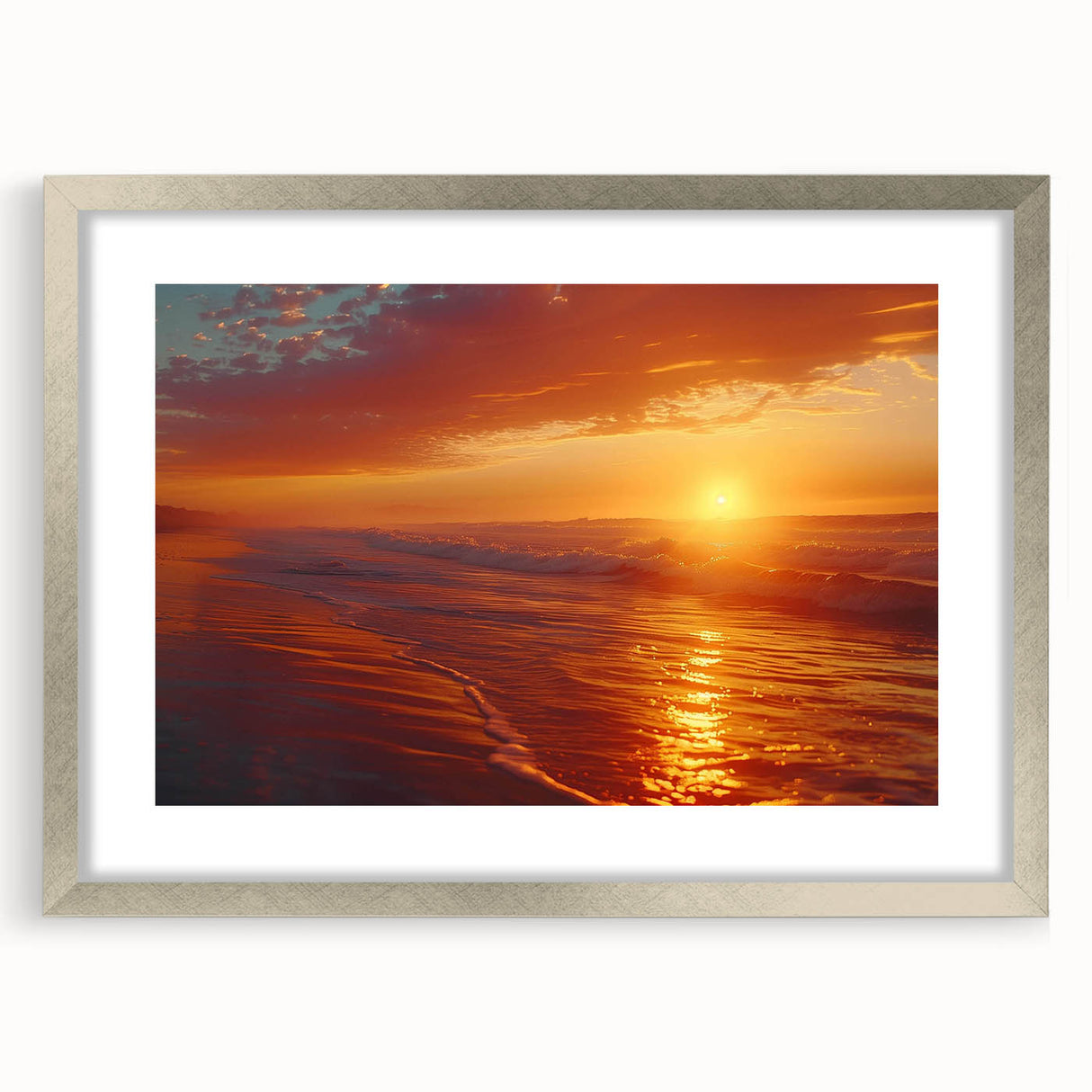 Framed wall art from the Landscapes & Seascapes collection showcasing a serene coastal scene with soft blue tones, elegant silver frame, and a white mat for a modern aesthetic. Perfect for enhancing contemporary home decor while adding a touch of tranquility.