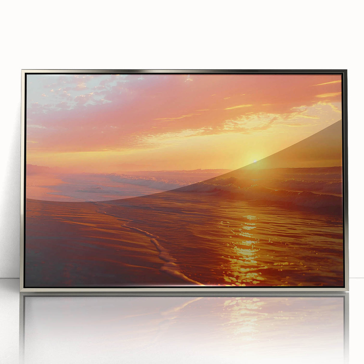 Framed wall art collection showcasing a serene seascape design with silver accents, perfect for enhancing modern home decor. The artwork features gentle waves and a calming color palette, ideal for creating a tranquil atmosphere in any room.