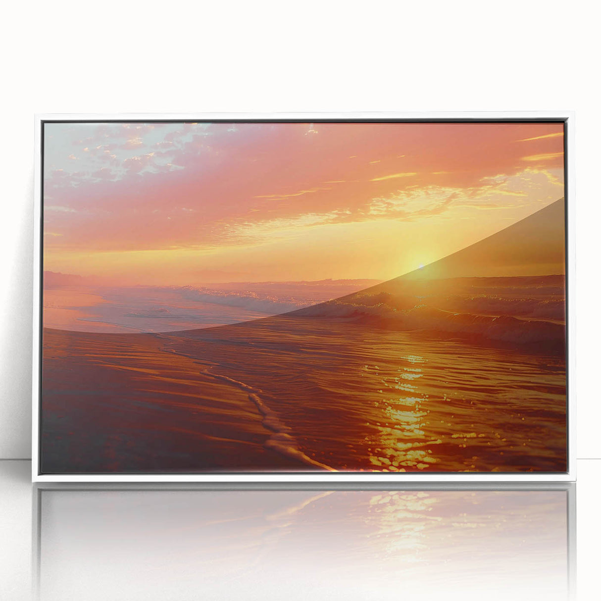 Framed acrylic wall art collection showcasing a vibrant seascape design, featuring ocean waves and a serene sky, presented with a white frame for modern decor.