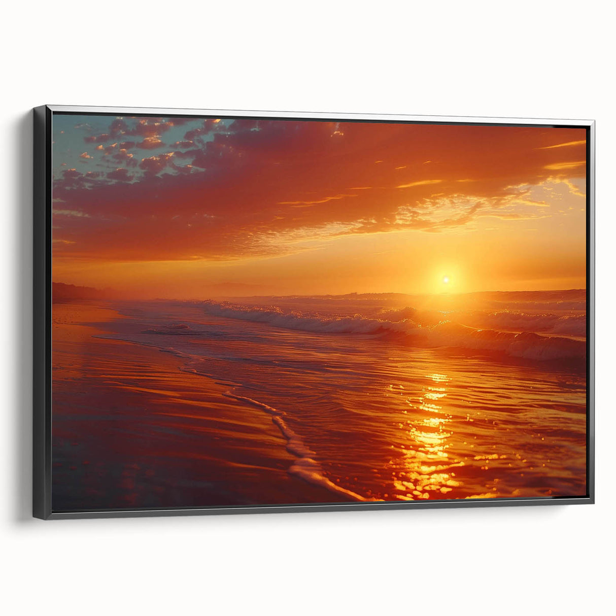 Framed canvas wall art showcasing a stunning seascape design with vibrant colors, set in a sleek black frame, ideal for enhancing modern home decor.