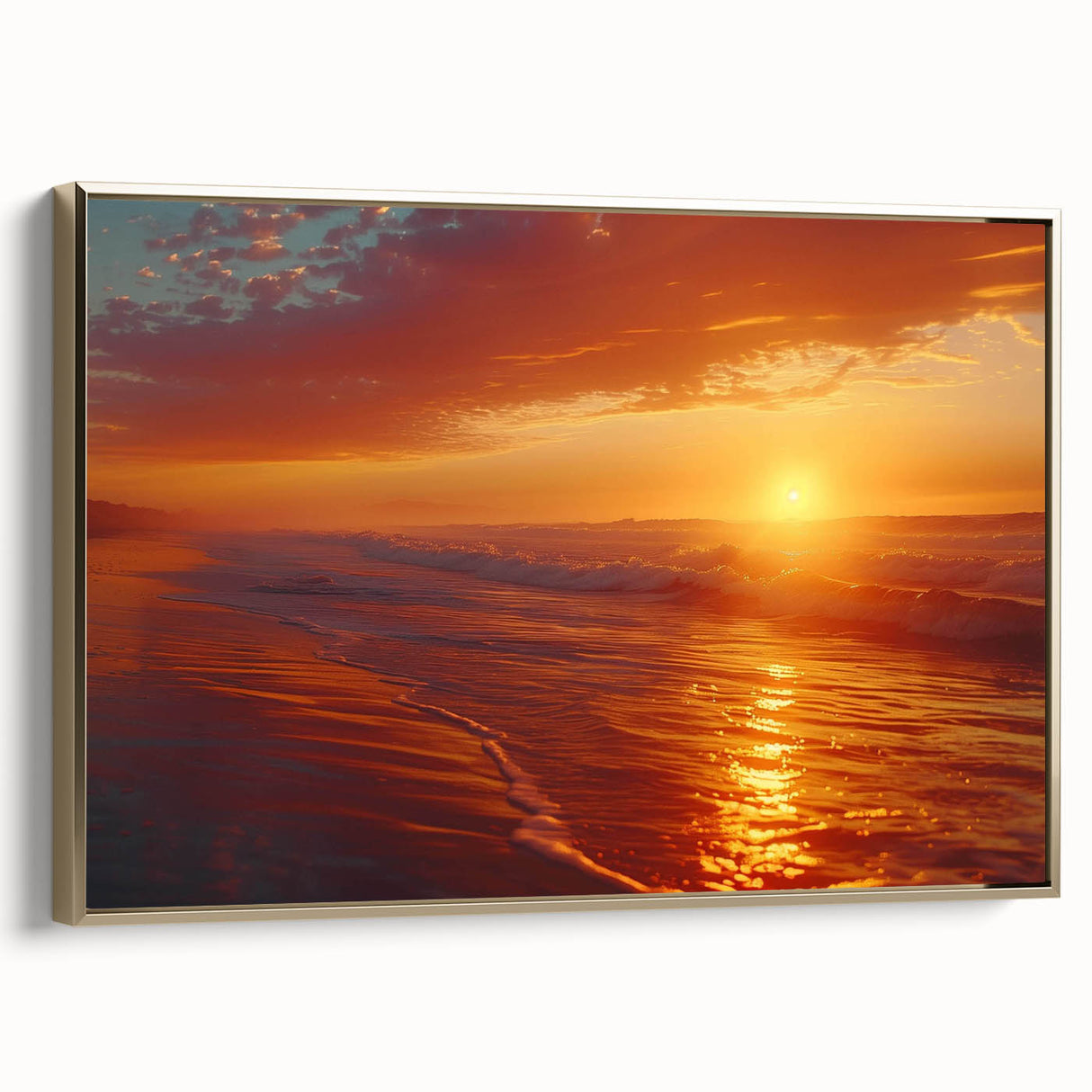 Framed wall art collection showcasing a seascape design, featuring vibrant blue tones and gold accents, elegantly displayed with a side view for added depth.