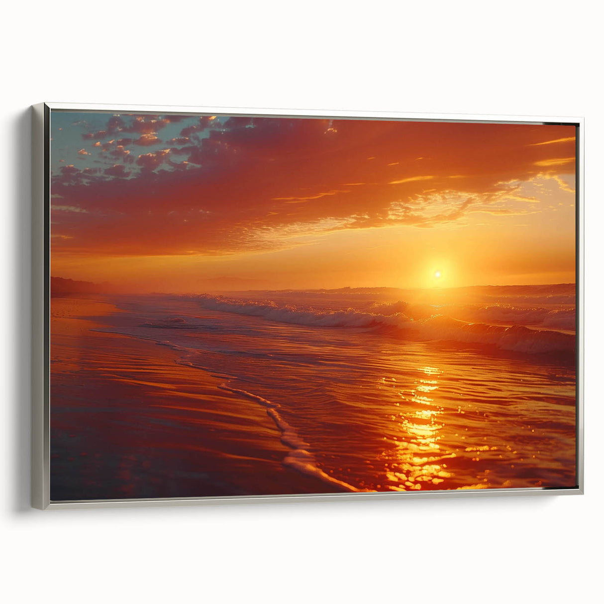 Framed canvas wall art from the Landscapes & Seascapes collection, showcasing serene coastal imagery with silver accents, perfect for modern home decor.