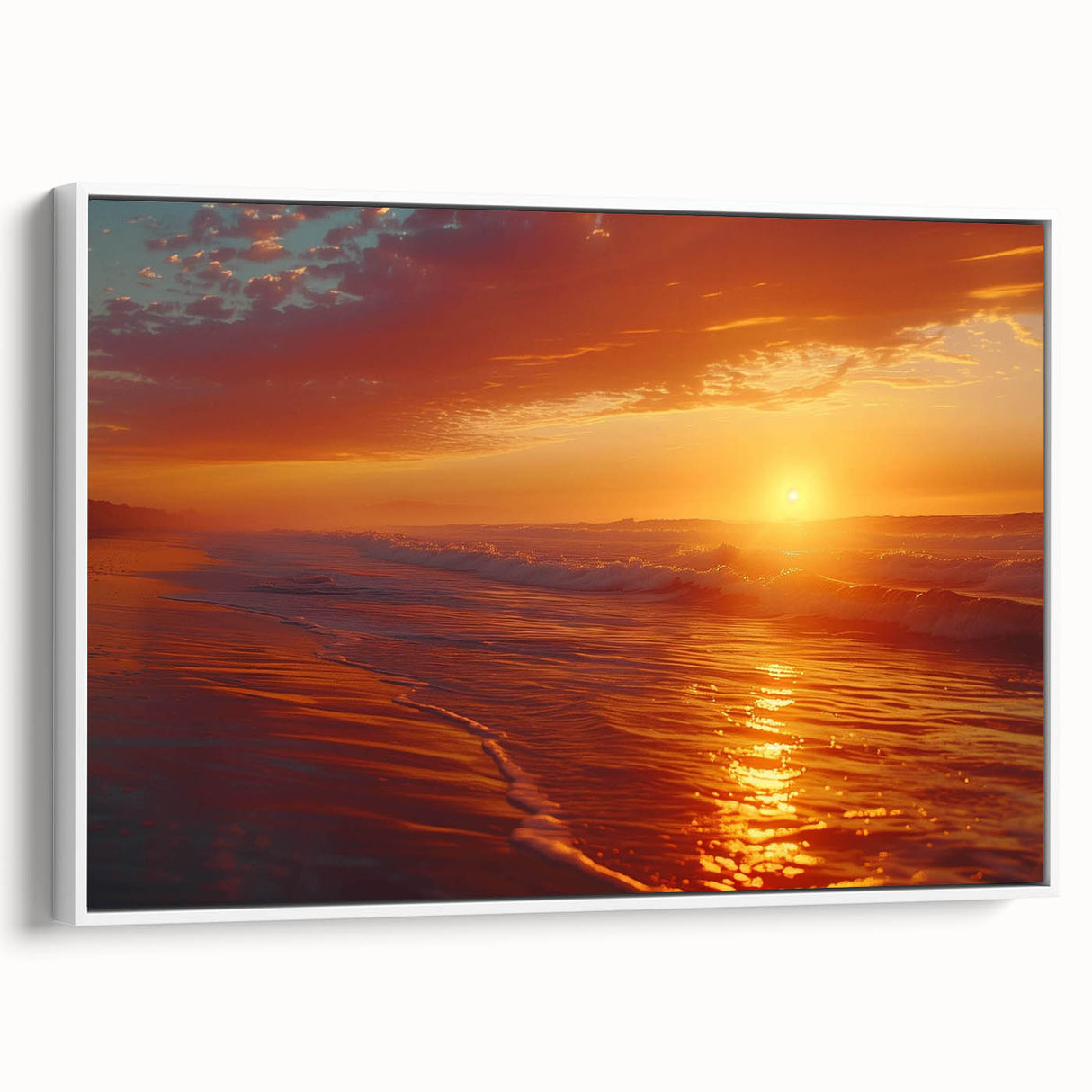 Framed canvas wall art showcasing a serene seascape with soft blue and white hues, designed to enhance modern interiors, viewed from the side.