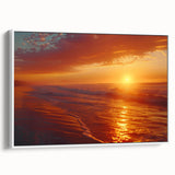 Framed canvas wall art showcasing a serene seascape with soft blue and white hues, designed to enhance modern interiors, viewed from the side.
