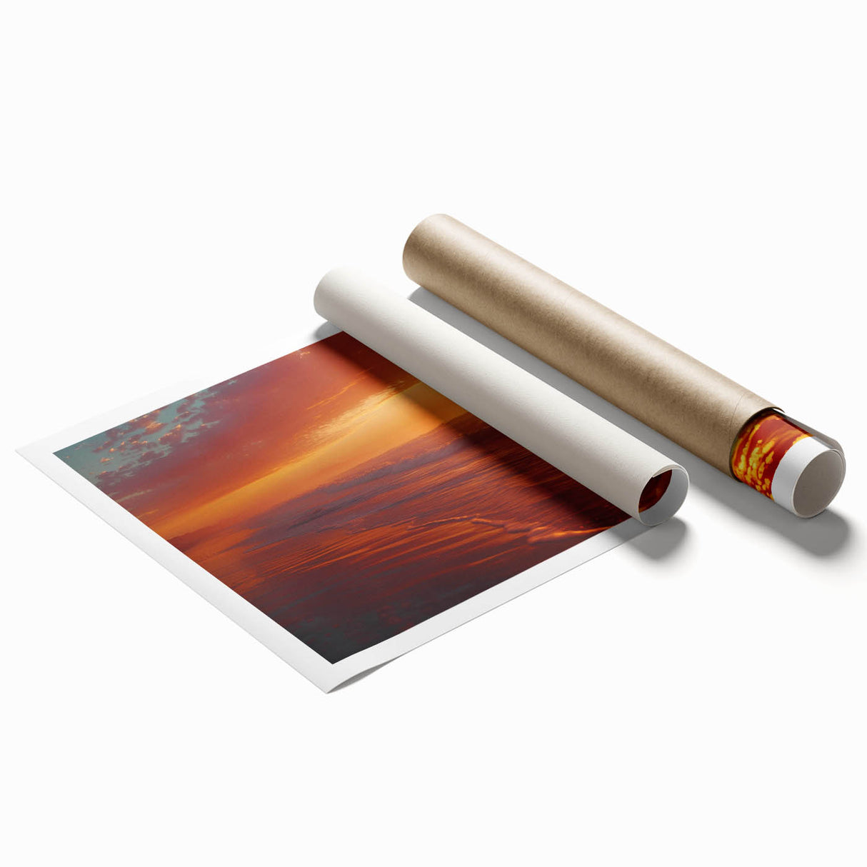 Vibrant seascape wall art print showcasing serene blue ocean waves and a colorful sunset, rolled and ready for elegant home decor enhancement.