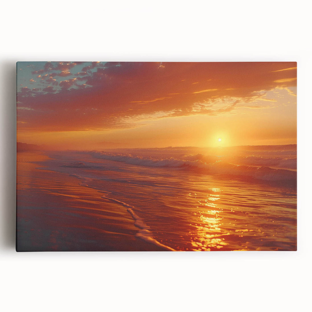 Stretched canvas wall art showcasing a vibrant seascape design with rich blues and greens, ideal for home decor, adding a calming oceanic touch to any room.