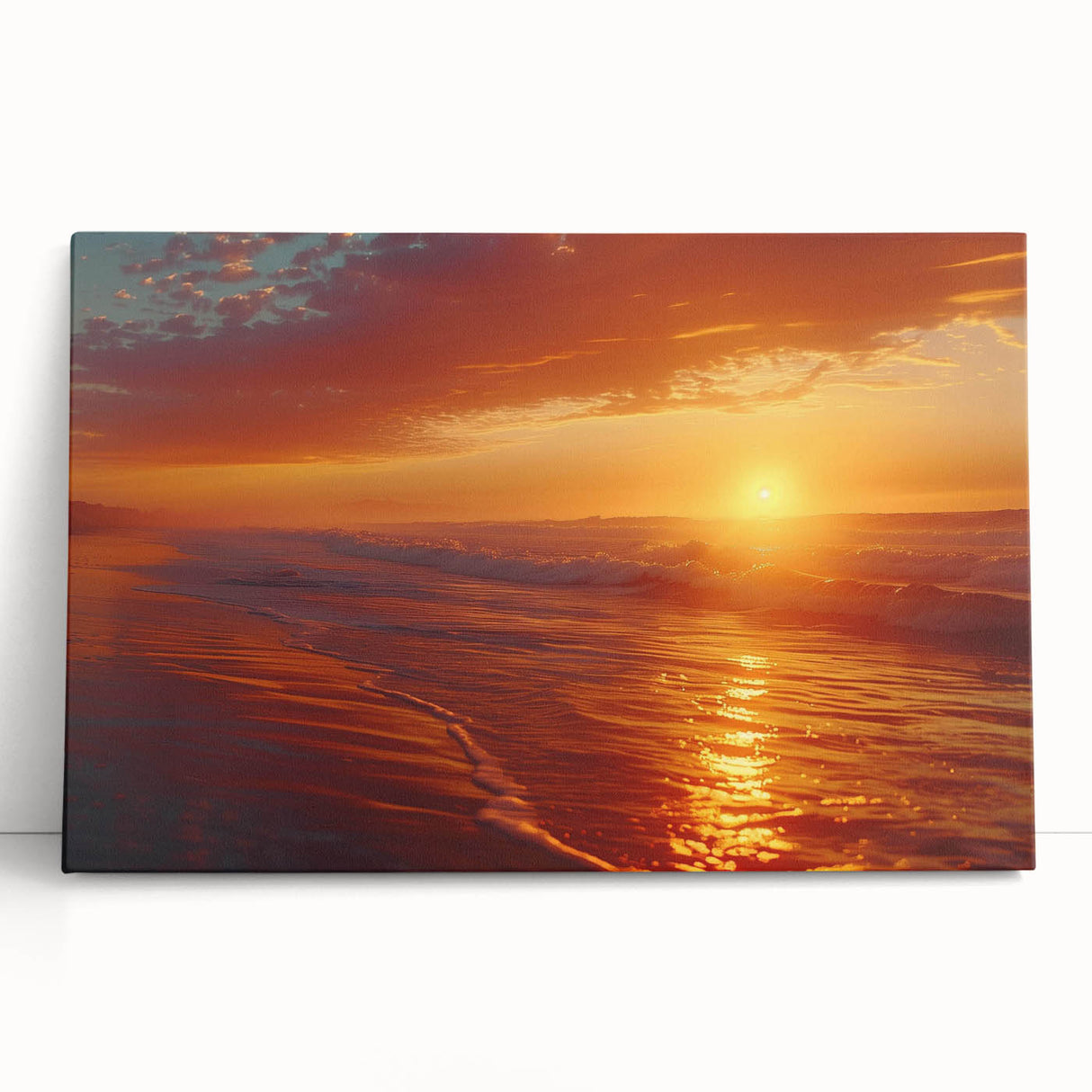 Stretched canvas wall art featuring a serene seascape design with calming blue and green hues, leaning against a light-colored wall in a modern decor setting.