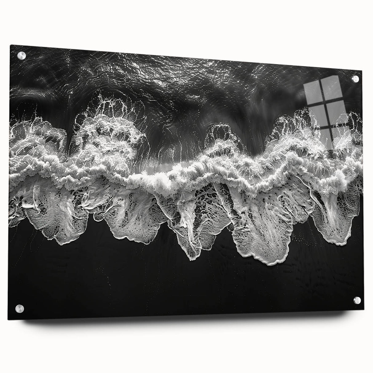 Acrylic glass wall art showcasing a stunning seascape design, elegantly displayed from a side view, highlighting vibrant colors and intricate details, perfect for home decor.