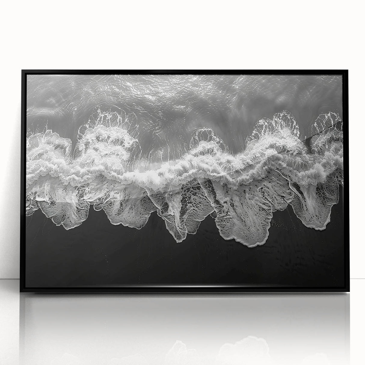 Framed acrylic wall art showcasing a serene seascape design with soft blue and white tones, perfect for coastal home decor, viewed from the front.