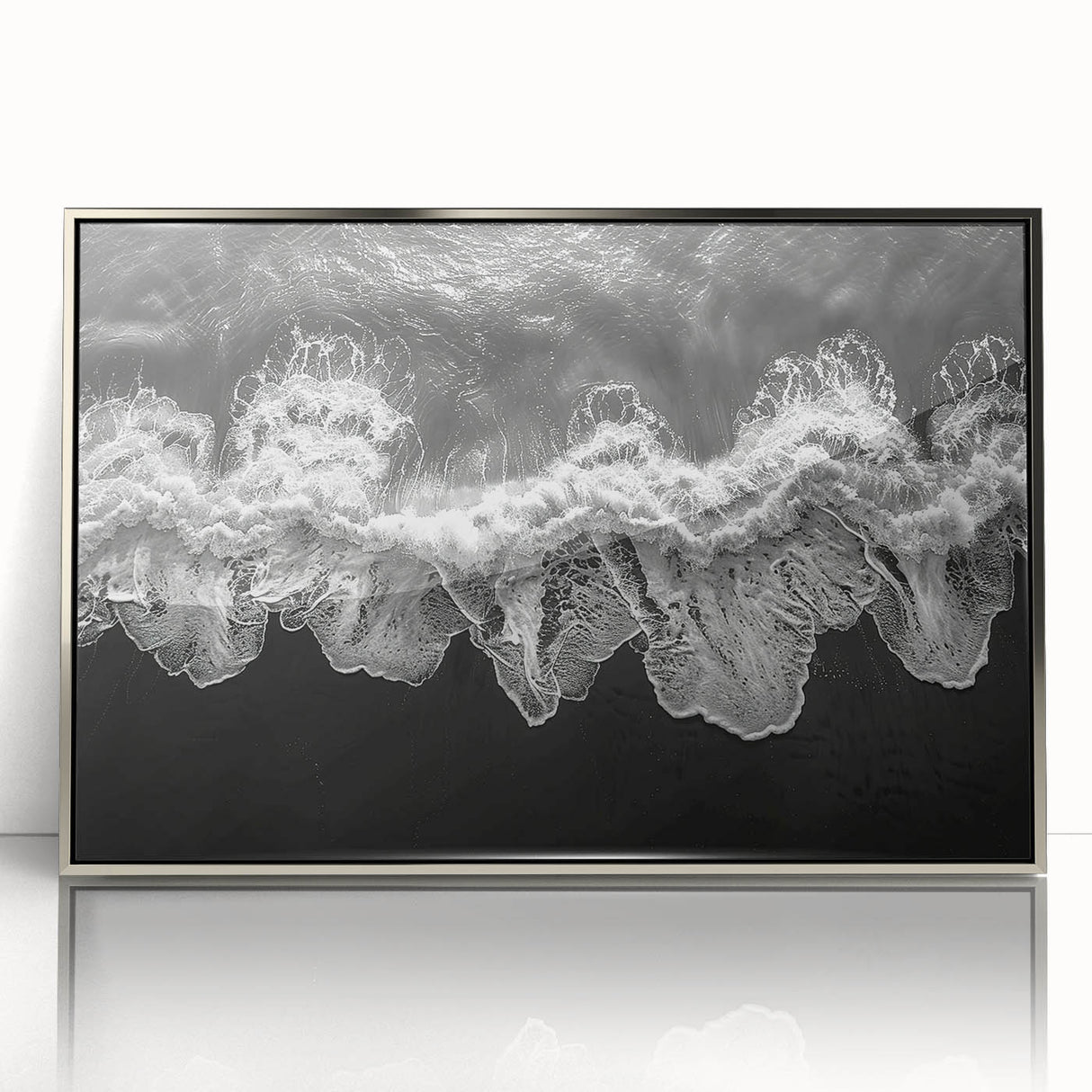 Framed acrylic wall art displaying a serene seascape landscape design with silver accents, perfect for modern home decor. The piece adds elegance to any room.