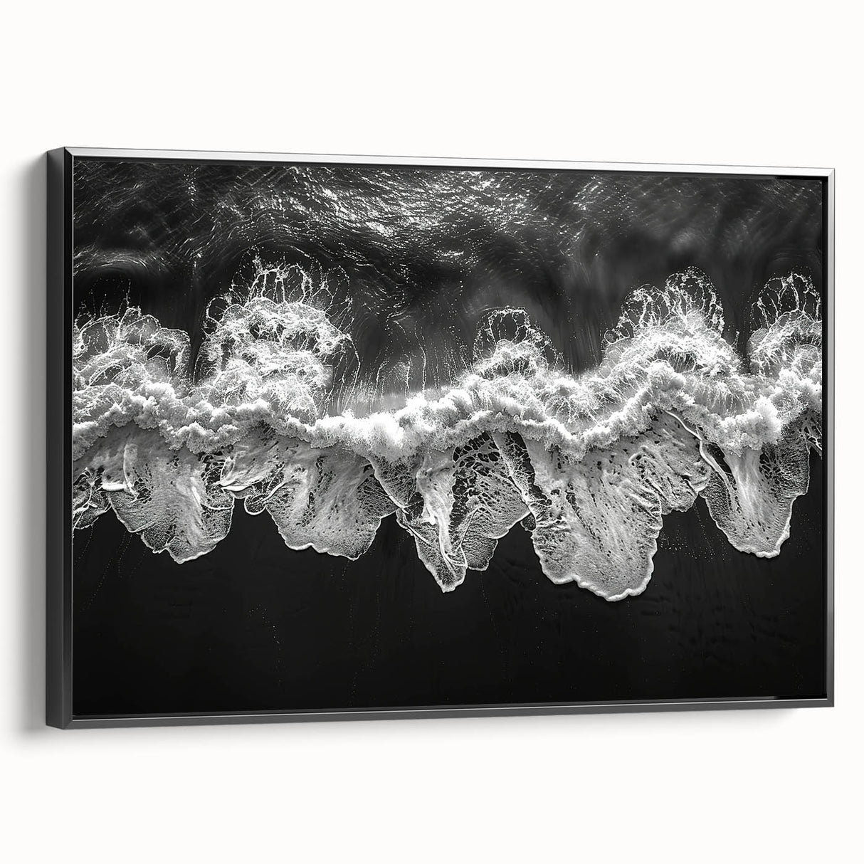 Framed canvas wall art showcasing a serene landscape with vibrant colors, featuring a black frame and side view highlighting its elegant design, perfect for home decor.